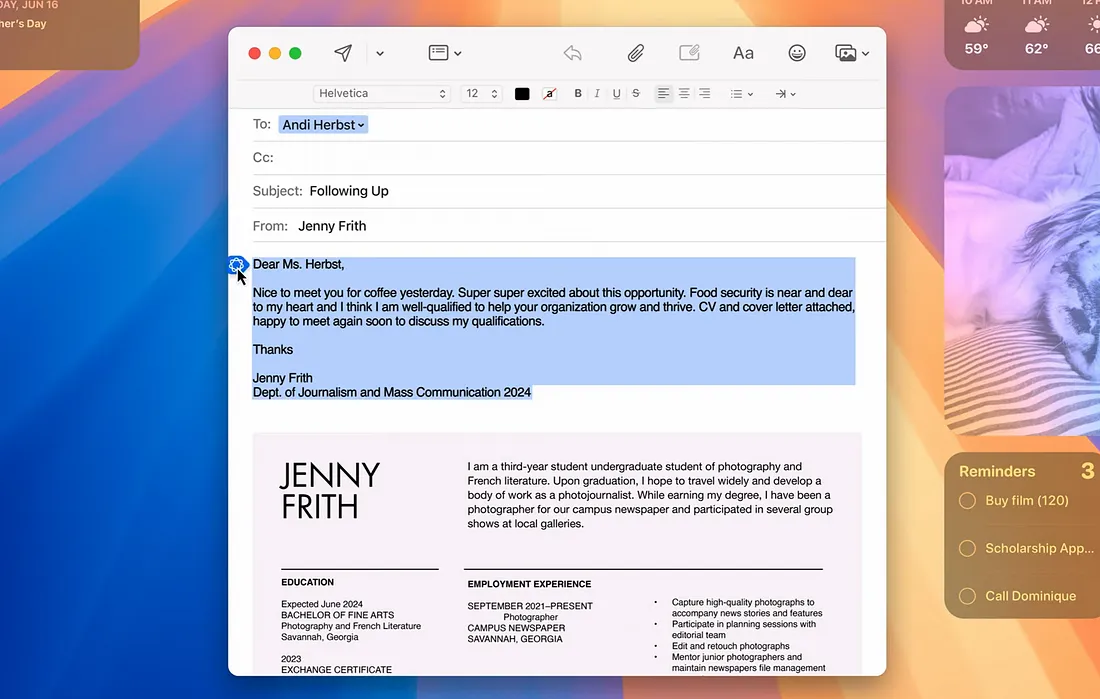图片展示的是苹果邮件应用界面,显示一封发件人为Jenny Frith、收件人为Andi Herbst的邮件。邮件内容是Jenny Frith对与Andi Herbst在咖啡馆见面的感谢,表达了对食品安全机会的兴奋,并称自己有资格帮助其组织发展。邮件下方附有Jenny Frith的简历,包含教育、实习经历等信息。该图片与上文介绍的Siri改写功能相关,展示了在邮件中使用改写功能可能呈现的效果。