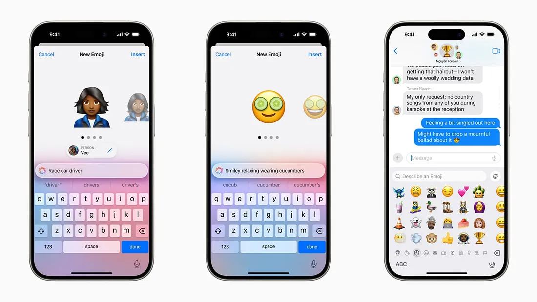 图片展示了Apple Intelligence中Genmoji功能的使用示例。左侧手机显示输入“Race car driver”后生成的女性角色头像;中间手机呈现输入“Smiley relaxing wearing cucumbers”后生成的笑脸表情;右侧手机则在聊天界面中,用户输入“Describe an Emoji”后,系统展示多种表情符号。这些图片直观呈现了根据描述生成表情符号的功能,与上文介绍的用户可通过输入描述创建原始表情符号的内容相呼应。