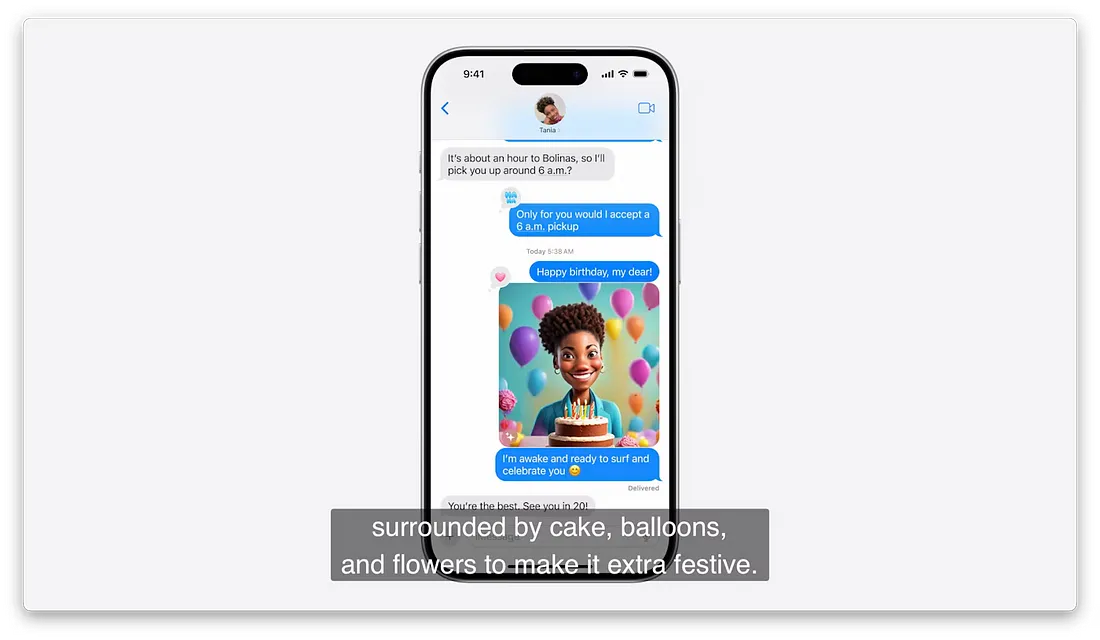图片展示的是苹果Apple Intelligence功能中生成的AI表情符号。画面中显示一条信息“Happy birthday, my dear”,下方配有卡通人物头像,人物头戴花环,身穿彩色衣服,周围环绕着蛋糕、气球和花朵,营造出节日氛围。该图片与文档中介绍Apple Intelligence通过自然语言支持生成表情符号的内容相关,直观呈现了其生成效果。