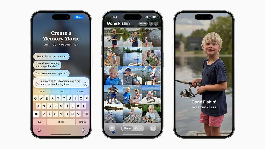 图片展示了Apple Intelligence的“Create a Memory Movie”功能。左侧手机屏幕显示输入描述界面,可输入关于照片主题的描述,如“我们在日本吃的一切”等。中间手机屏幕呈现“Gone Fishin'”电影故事,包含多张钓鱼照片。右侧手机屏幕为一张小男孩钓鱼的照片,下方有“Gone Fishin' OVER THE YEARS”字样。该图片直观呈现了通过描述生成电影故事并匹配照片的功能,与上下文介绍的Apple Intelligence功能相契合。