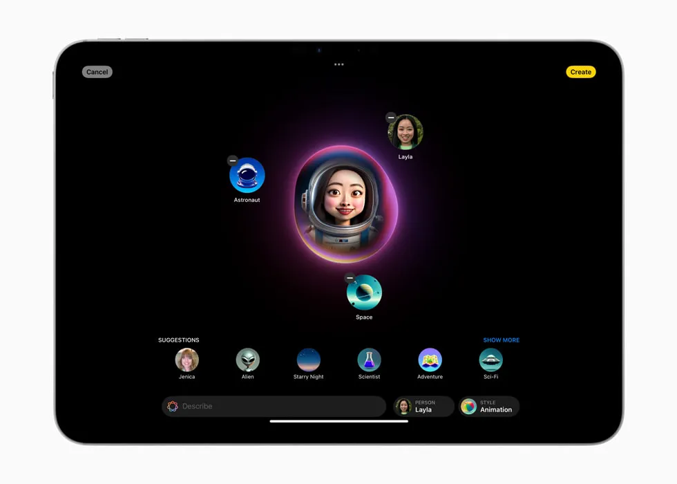 图片展示的是iPad界面,上方显示“Cancel”和“Create”按钮。中间是“Image Playground”界面,有“Space”和“Astronaut”两个图标,分别对应太空和宇航员主题。下方有“Suggestions”区域,列出“Jemica”“Alan”“Starry Night”“Scientist”等主题。底部有“Description”输入框,以及“Animation”和“Sticker”选项卡。该图与文档中介绍Apple独立应用外观的内容相关,展示了Image Playground应用的界面样式。