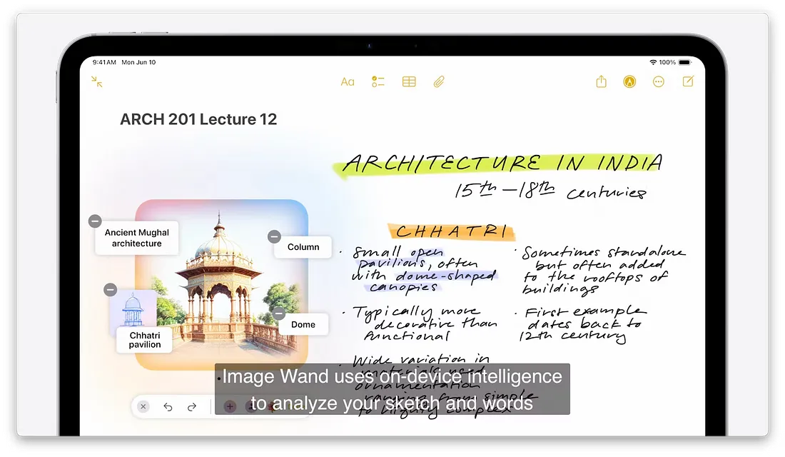 图片展示的是iPad屏幕,显示“ARCH 201 Lecture 12”课程内容,主题为“ARCHITECTURE IN INDIA 15th - 18th centuries”。画面中有一个建筑草图,标注有“Chhatri pavilion”等信息,下方有“Image Wand uses on-device intelligence to analyze your sketch and words”字幕。该图片与上文提到的“Image Wand”功能相关,直观呈现了其在分析手绘草图和文字方面的应用。