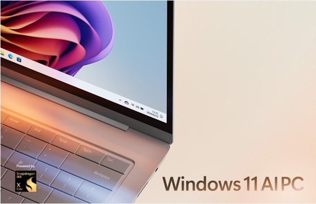 图片展示了一台笔记本电脑,屏幕显示Windows 11界面,右下角有“Windows 11 AI PC”字样。电脑键盘部分有“Backspace”键,底部有“Power by Snapdragon X Gen 2”的标识。该图片与文档中提到的“微软推出名为‘Windows 11 AI PC’的全新PC品类,融合了强大的AI硬件和云端的ChatGPT体验”内容相关,直观呈现了这款AI PC的外观。