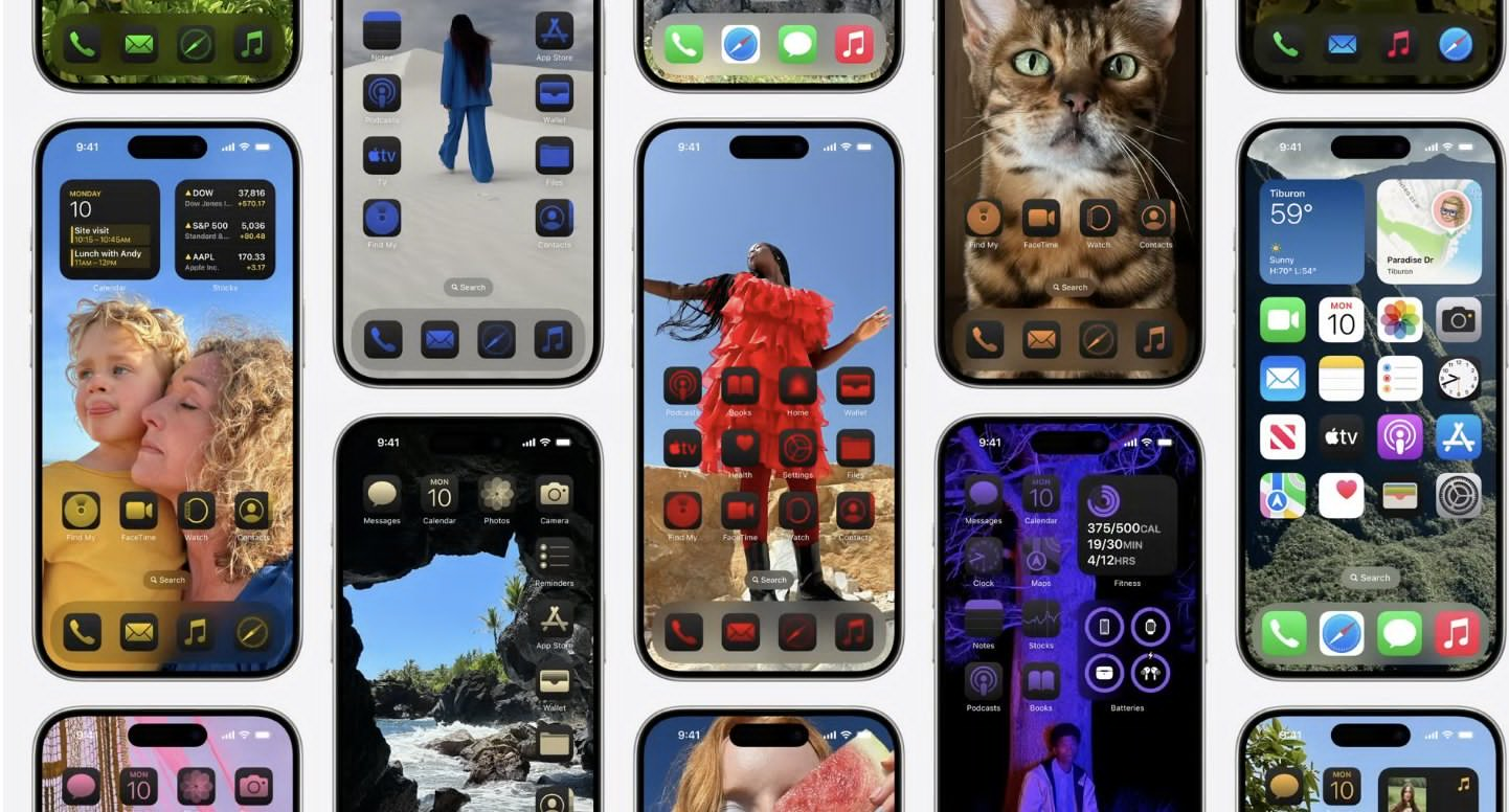 图片展示了多种iPhone界面,呈现了iOS系统的新功能。左上角是带有电话、信息、邮件等应用图标的界面;右上角是显示天气、地图等信息的界面;中间部分有不同主题的桌面,如人物、风景等;右下角是带有应用图标和控制中心的界面。这些界面体现了iOS系统中自定义iPhone、自定义控制中心等功能,与文档中介绍的iOS系统新功能相契合,直观呈现了相关界面样式。