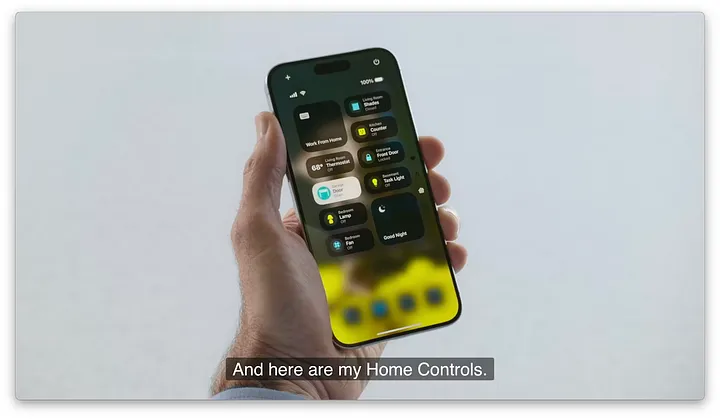 图片展示了一只手握着的iPhone,手机屏幕上显示着“Home Controls”界面。界面上有多个控制选项,如“Work From Home”“Good Morning”“Good Night”等,还有“Lock”“Good Morning”“Good Night”“Good Morning”“Good Night”等按钮。该图片与文档中“自定义控制中心”内容相关,直观呈现了iOS系统中可定制的控制中心界面,体现了应用开发者可使用Controls API提供可在锁屏上使用的控件这一特性。