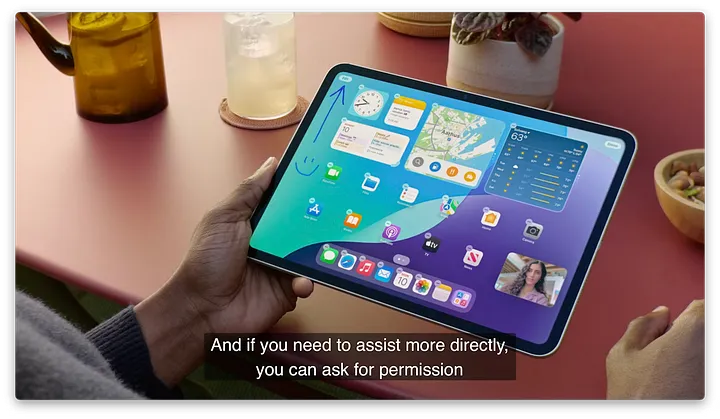 图片展示了一只手拿着iPad的场景,iPad屏幕上显示着多个应用图标。画面中有一个蓝色箭头指向屏幕左上角的“?”图标。下方文字提示“And if you need to assist more directly, you can ask for permission”,意为“如果你需要更直接地协助,可以请求许可”。该图片与上文介绍iPadOS 18中SharePlay屏幕共享功能的内容相关,展示了在iPad上请求屏幕共享许可的操作界面。
