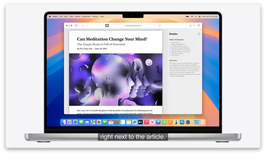 图片展示了MacOS Safari浏览器界面,左侧显示文章标题“Can Meditation Change Your Mind?”,配以紫色抽象艺术风格插图,下方有“Read more”按钮。右侧是文章内容概要,包含目录、摘要等信息。图片下方文字“right next to the article”表明右侧内容与左侧文章紧密相关。该图与上下文介绍的Safari浏览器功能相契合,直观呈现了其获取文章摘要并显示自动生成目录的功能。