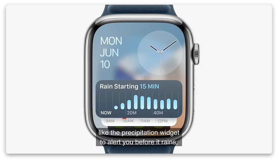 图片展示了一款Apple Watch的界面。界面上方显示日期“MON JUN 10”,中间有手表指针。下方有一个蓝色背景的“Rain Starting 15 MIN”提示框,表明15分钟后开始下雨。框内有蓝色柱状图,代表不同时间段的降雨情况。底部有时间标识“NOW 9AM 10AM 11AM 12PM”。图片下方文字说明“like the precipitation widget to alert you before it rains”,意为“喜欢这个降雨小部件,以便在下雨前提醒你”。此图与文档中介绍Apple Watch新功能的内容相关,展示了智能堆栈中自动添加的天气小部件。
