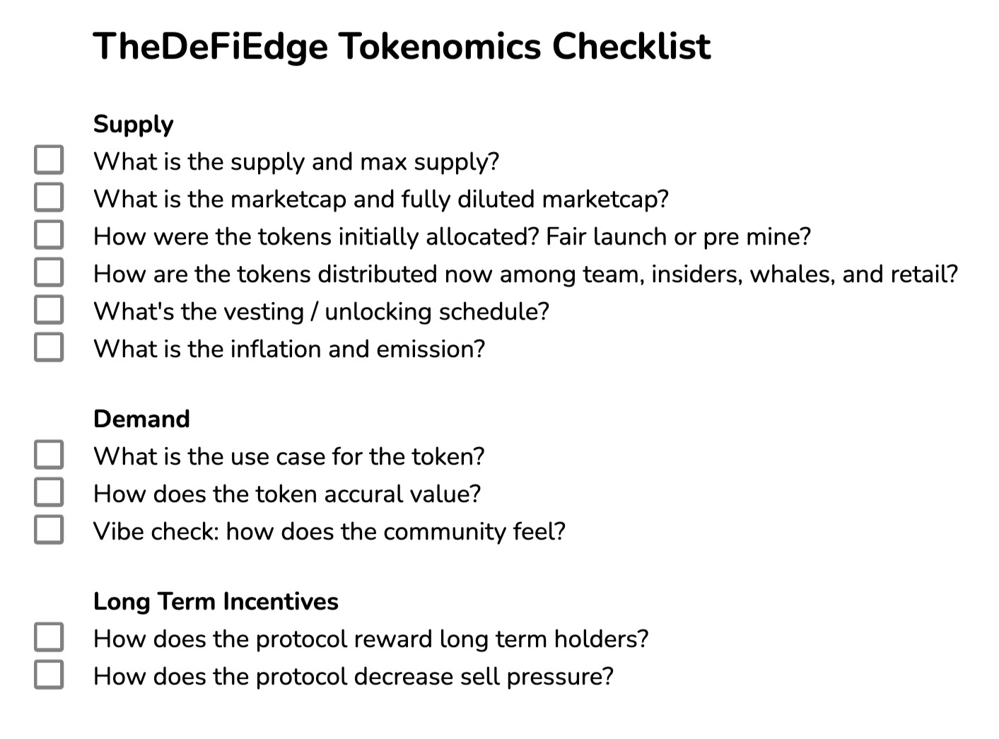 图片展示了“TheDeFiEdge Tokenomics Checklist”（去中心化金融边缘代币经济学清单）。清单从供应量、需求、长期激励措施三个方面列出评估协议的问题。供应量方面涉及代币供应与最大供应、市值等；需求方面询问代币用例、增值方式及社区看法；长期激励措施方面关注协议如何奖励长期持有者和减少抛售压力。图片与文档中“代币经济学清单”部分内容对应，以清单形式呈现具体评估要点。