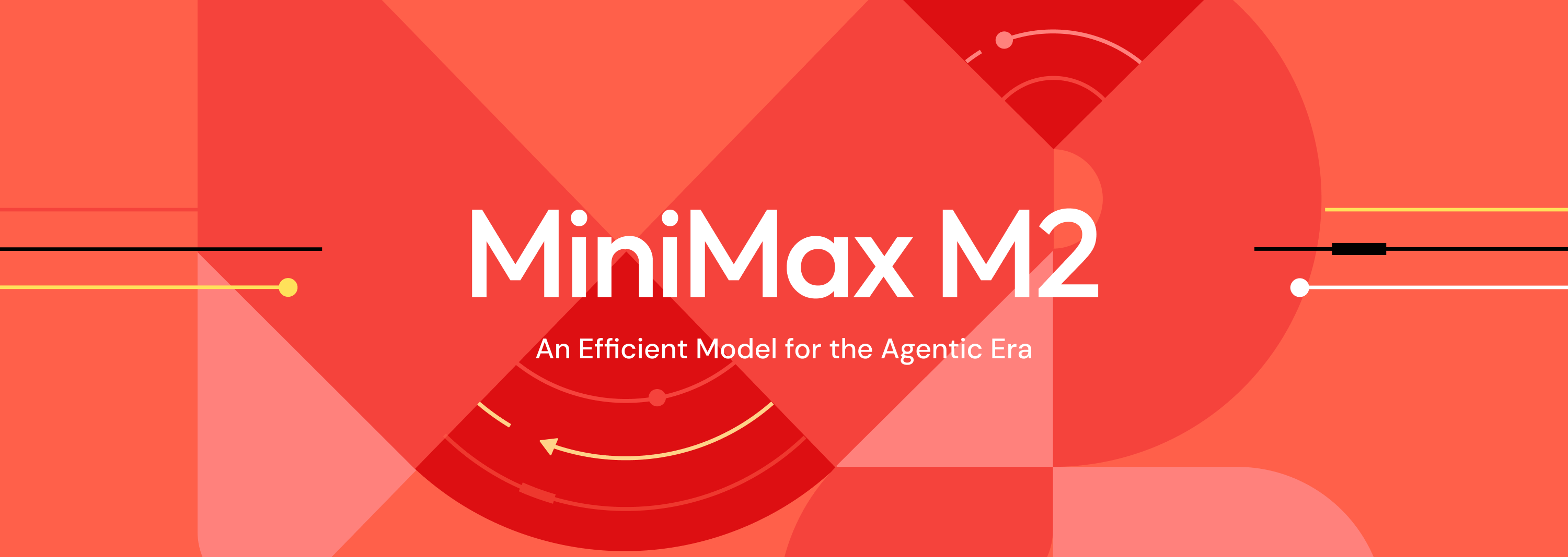 图片展示的是MiniMax M2模型的宣传图。背景以红色为主，配有几何图形和线条装饰。图中大字“MiniMax M2”居中，下方小字“An Efficient Model for the Agentic Era”表明其为智能时代高效模型。该图片位于介绍MiniMax M2模型的上下文之后，是对该模型的直观呈现，与上下文提到的MiniMax延续开源浪潮、中国AI实验室在开源领域保持领先地位等内容相呼应，直观展示了模型名称及定位。