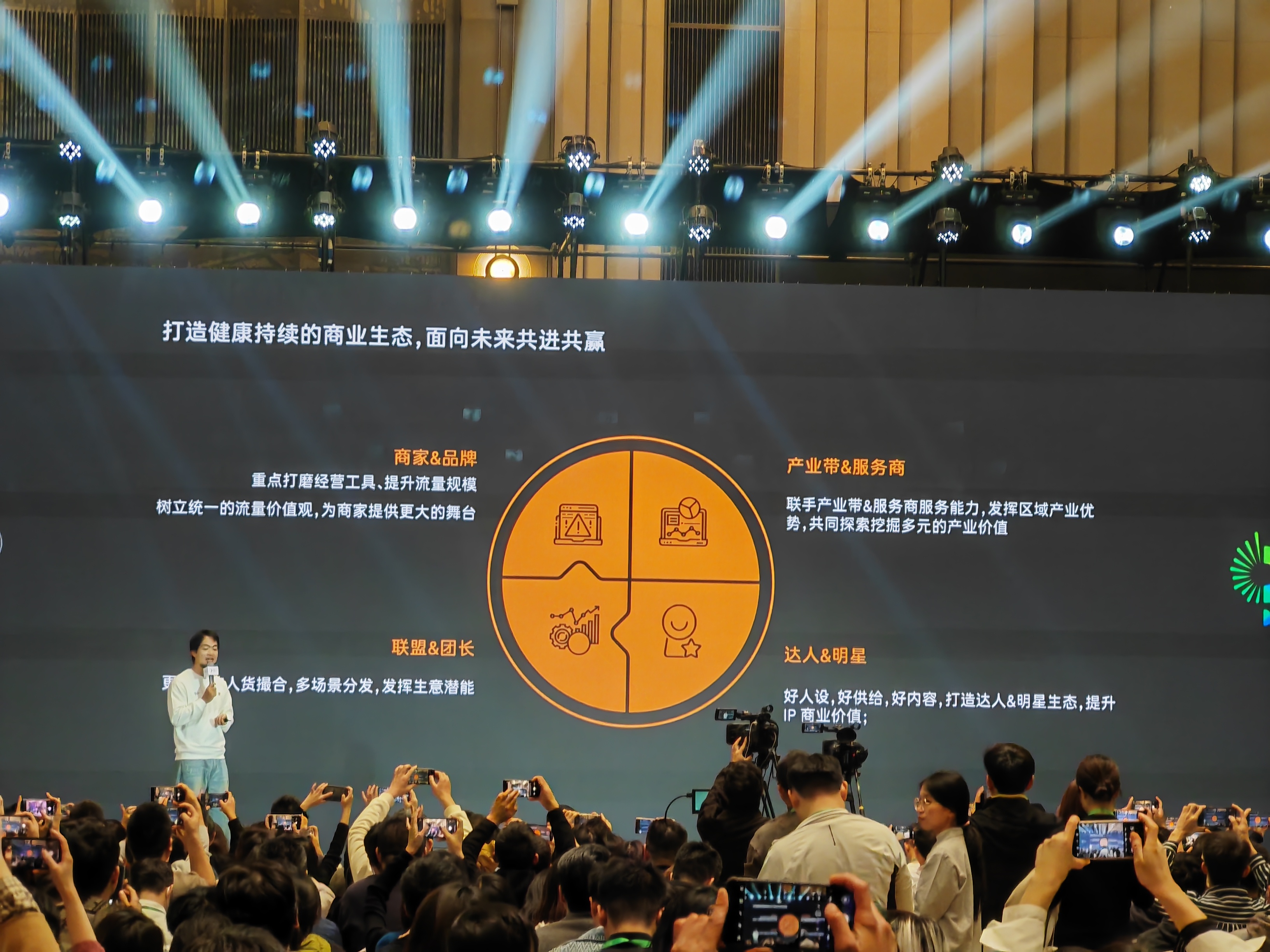 图片展示了2024「微信公开课」的现场场景,台上一位演讲者正在发言,台下众多观众举着手机拍摄。背景大屏上有“打造健康持续的商业生态,面向未来共进共赢”的文字,中间是一个四分区的圆形图示。四个分区分别对应商家&品牌、产业带&服务商、联盟&团长、达人&明星,各分区配有图标和文字说明,阐述了不同主体在视频号直播带货生态中的发展方向,与文档中关于视频号直播带货的内容相呼应。