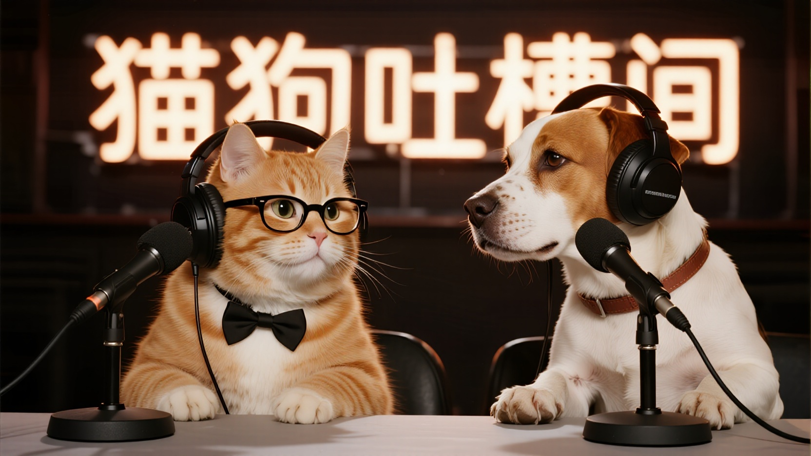 jimeng-2026-02-04-1435-录音棚场景中,一只戴着黑框眼镜、头戴耳机的橘猫,和一只头戴耳机的比格犬,并排坐在....png