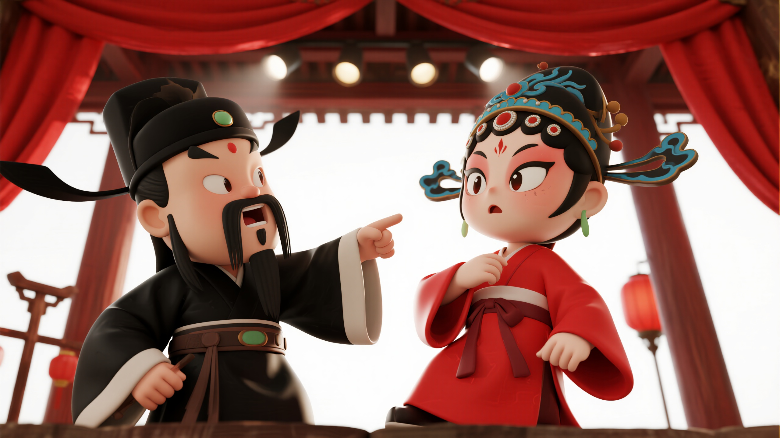 jimeng-2026-02-03-5041-豫剧 ip形象传统文化C4D插画,左侧的黑衣包拯指着右侧的红衣陈世美,真实的戏曲....png