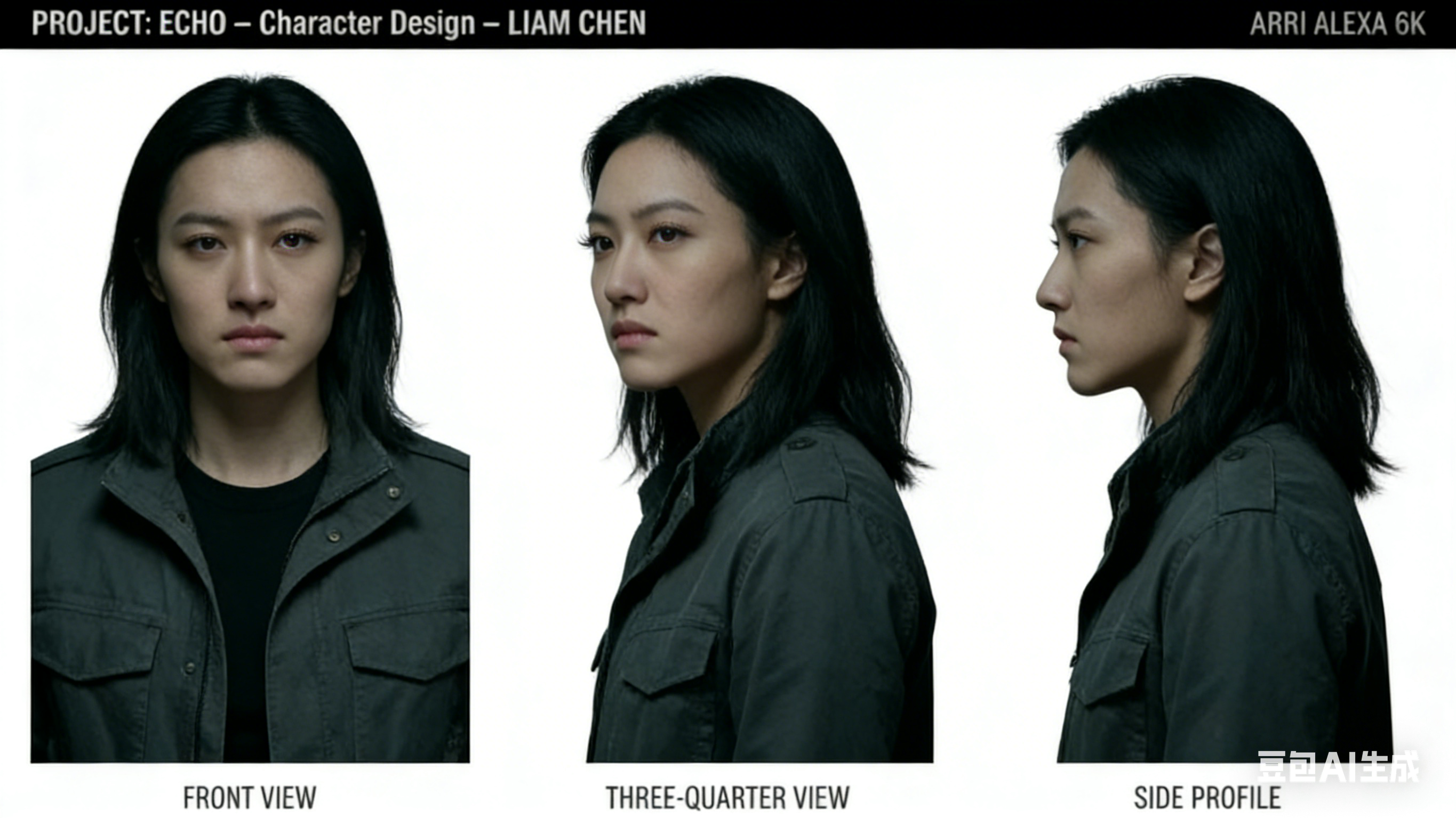 图片展示了电影《Echo》中角色设计的三个视角画面,由Liam Chen负责。画面中人物穿着黑色内搭与灰色外套,黑色长发。左侧为正面视角,标注“FRONT VIEW”;中间为三面视角,标注“THREE-QUARTER VIEW”;右侧为侧面视角,标注“SIDE PROFILE”。图片右上角显示“ARRI ALEXA 6K”,左上角有“PROJECT: ECHO - Character Design - LIAM CHEN”字样。该图片与上下文介绍电影《Echo》角色设计的内容