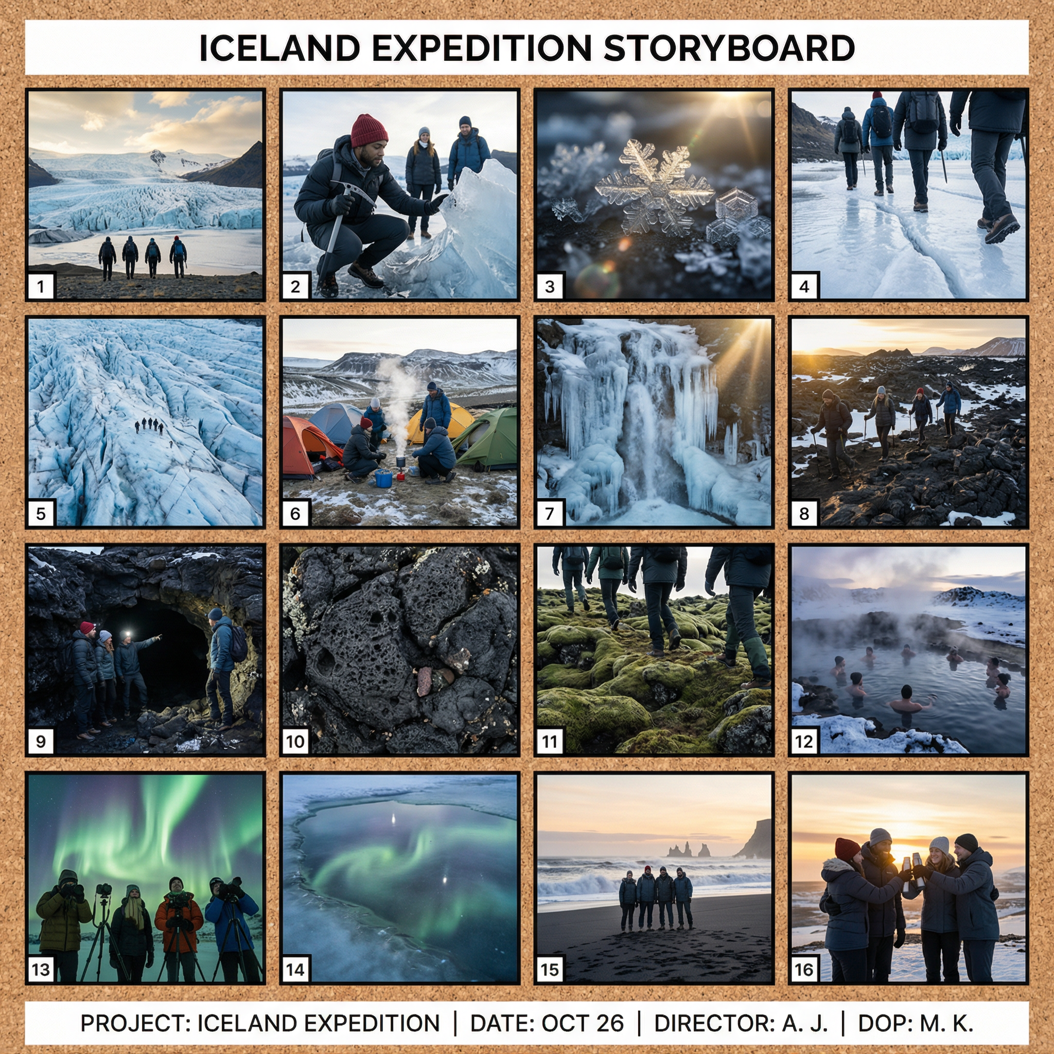 图片为Iceland Expedition分镜图,展示了一次冰岛探险的场景。图中包含15个画面,从1号画面至15号画面画面依次呈现了探险者 addCriterion