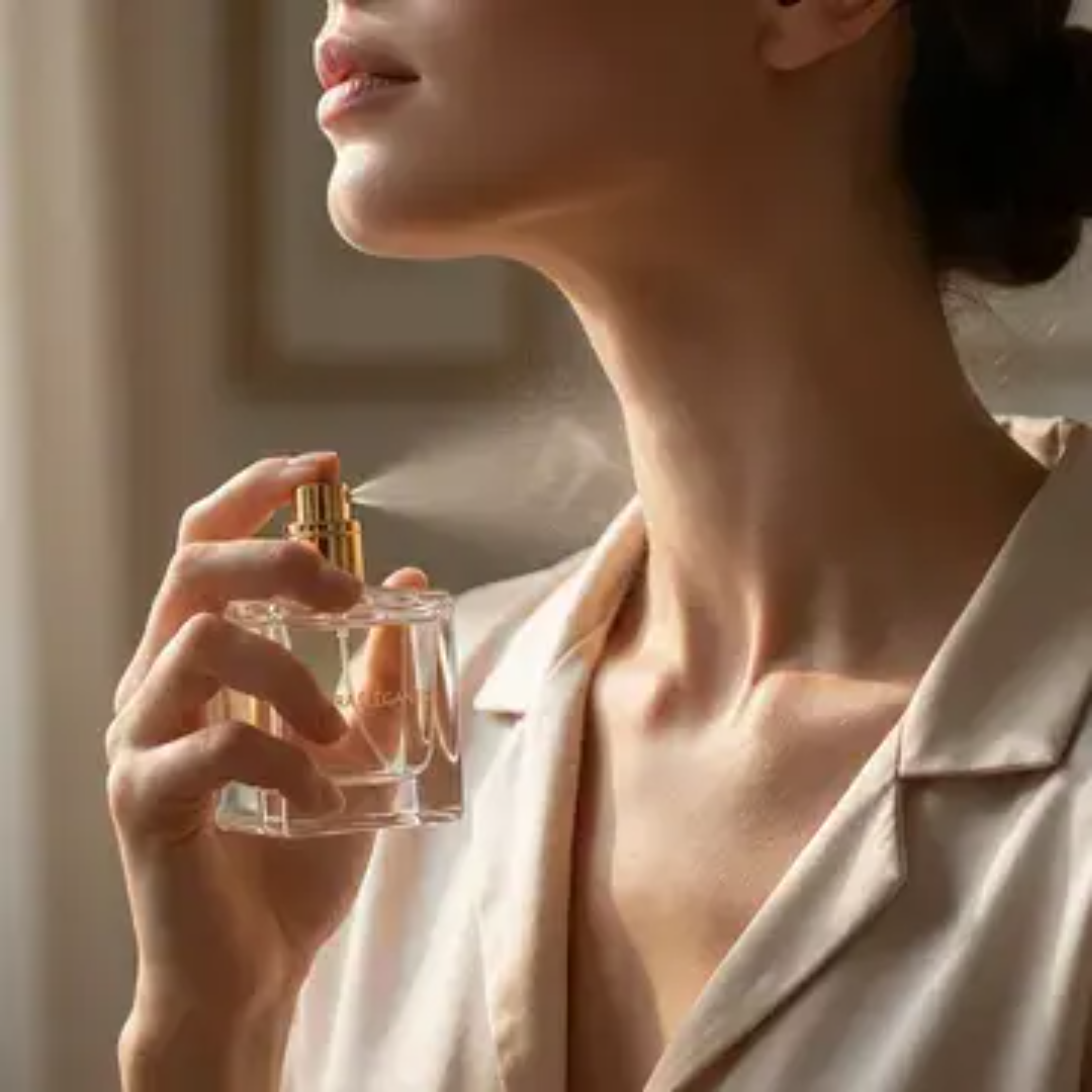 图片 addCriterion图片展示了一位女性手持 addCriterion addCriterion图片展示了一位女性,她身着浅色西装外套,侧身面向画面左侧,右手持一瓶透明香水瓶,香水瓶喷出雾气。背景为室内 addCriterion背景为米色窗帘,整体色调柔和,营造出一种优雅、精致的氛围。图片与上下文关系为 addCriterion图片与上下文“效果可控性”部分相关,可能用于说明短视频制作中