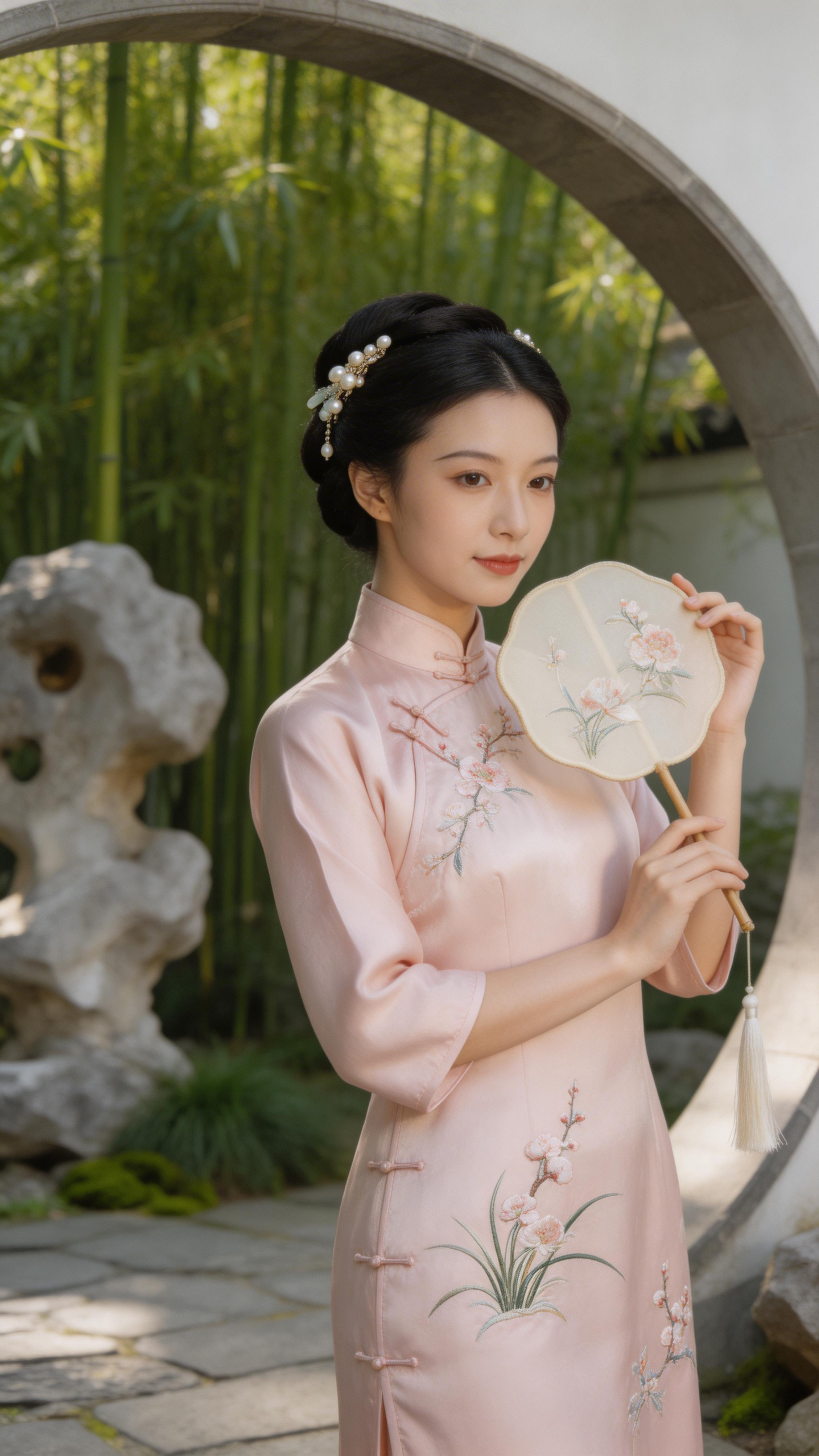 图片展示了一位穿着,图片中一位身着粉色旗袍的女子,旗袍上有花卉刺绣,头戴珍珠发饰,手持一把绘有花卉图案的扇子,背景是竹林和假山,营造出古典雅致的氛围。该图片可能用于体现传统服饰或古典美学,与文档中介绍的Seedance 2.0短视频制作能力中关于迁移与复刻能力的内容相契合,展现其在视觉呈现方面的应用。
