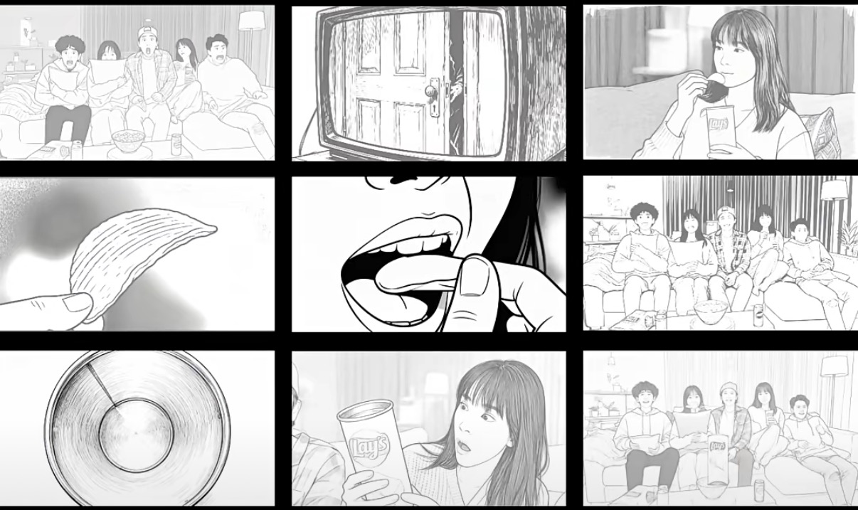 图片展示了一张包含9个格子的漫画分镜图，用于生成薯片广告。分镜图中，人物在沙发上看电视，画面切换至电视画面、人物吃薯片、薯片特写等场景。该图片与上下文紧密相关，上下文提到用户可不写字，直接喂给Sora 2一张分镜图，Sora 2能理解分镜图的“起承转合”，并将其变成完整的视频广告，此图即为分镜图示例。