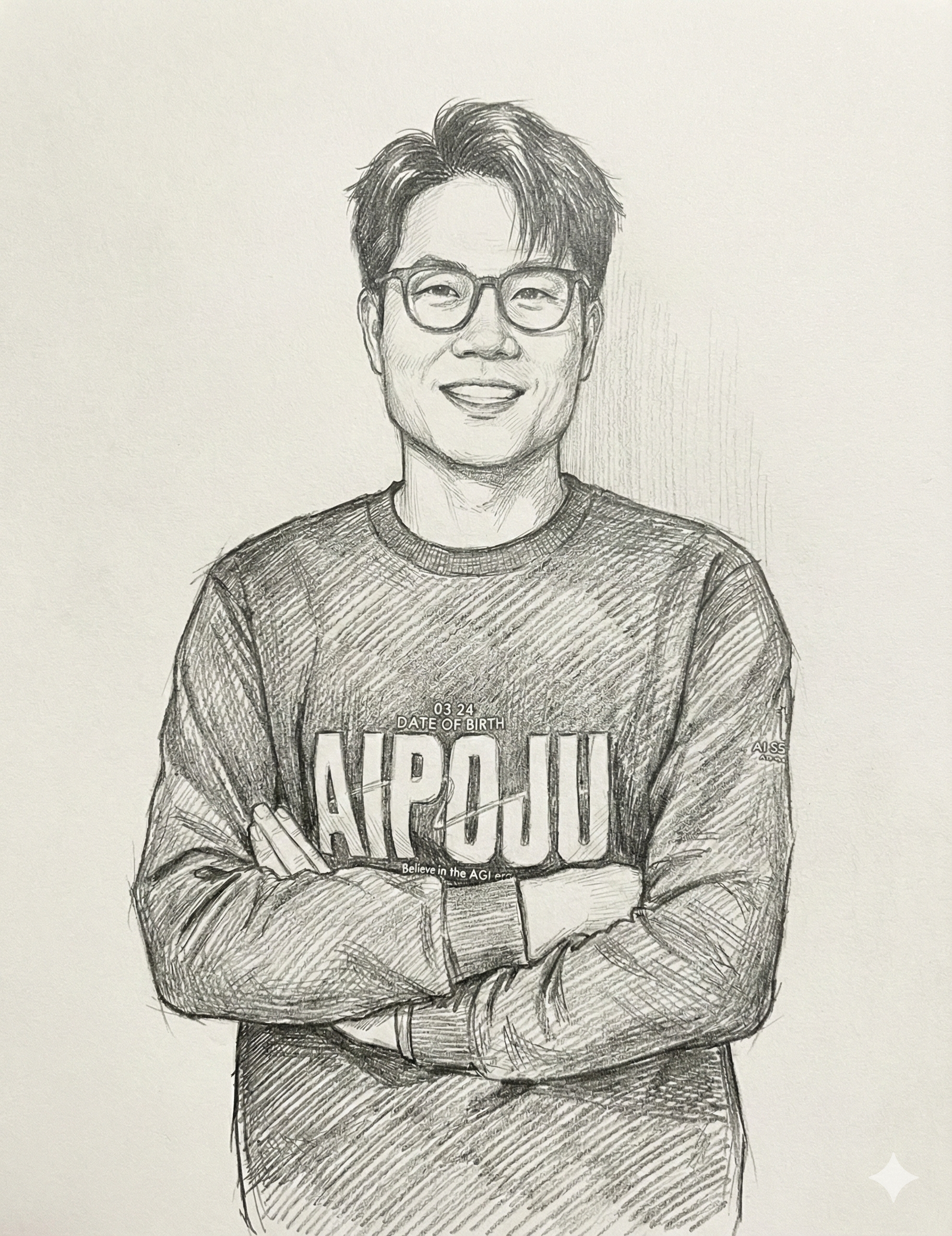 图片为一张手绘风格的肖像画，画中人物为一名戴眼镜的男性，面带微笑，双臂交叉于胸前。他穿着一件印有“AIPOJU”字样的长袖上衣。画面背景简洁，以浅色调为主，人物轮廓和衣物细节通过线条勾勒，整体风格清新自然。该图片位于介绍Sora2图生视频功能的文档中，用于展示目前Sora2图生视频还不支持出现真人人脸的图片这一内容。