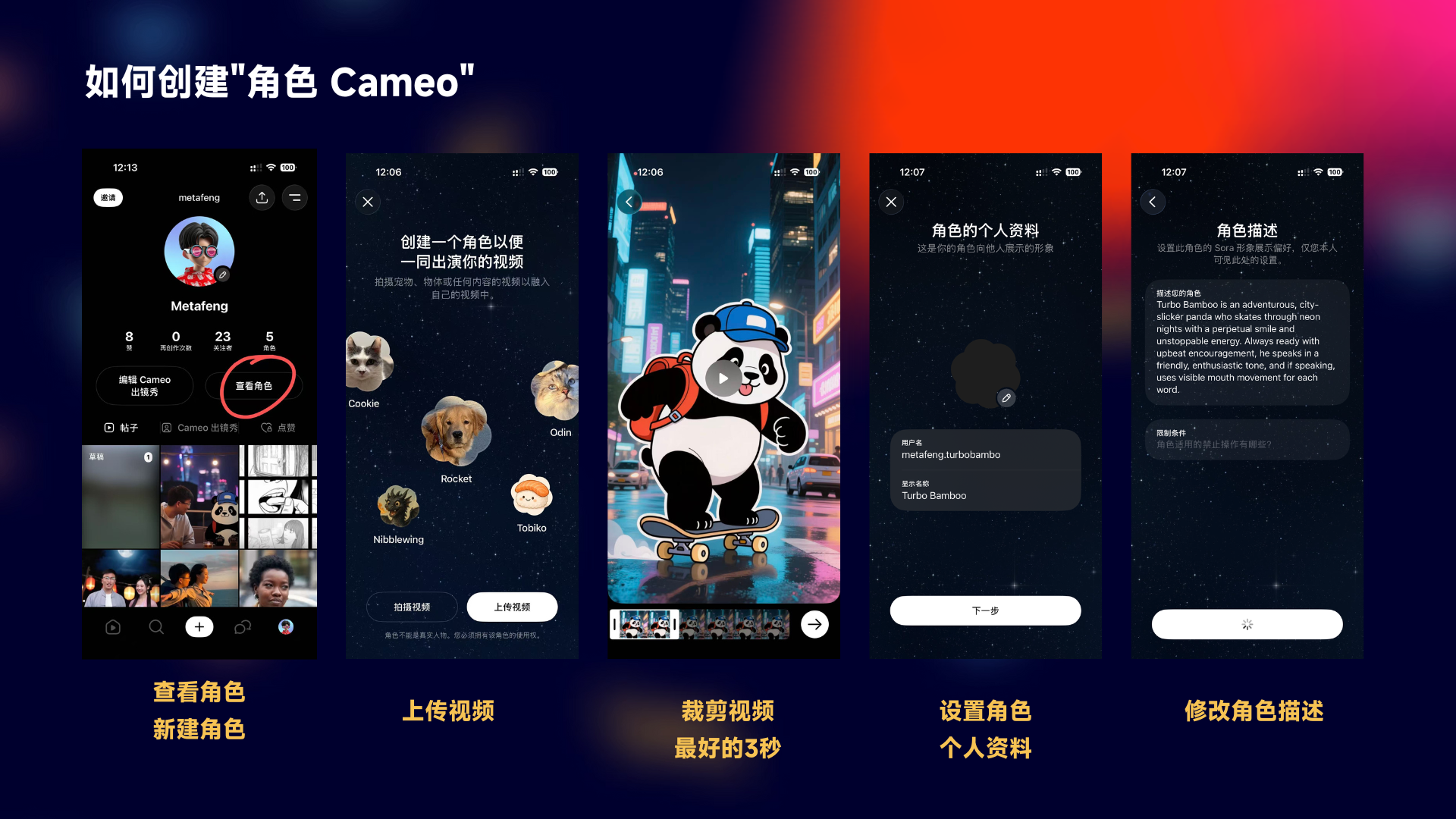 图片展示了如何创建“角色Cameo”的操作步骤。首先在“查看角色”界面点击“新建角色”；接着上传视频；然后裁剪视频最好的3秒；之后设置角色个人资料；最后修改角色描述。每一步操作均有对应界面展示，如上传视频时显示“创建一个角色以便一同出演你的视频”，裁剪视频时有熊猫角色图案，设置角色资料时有熊猫头像等。该图片与上文“如何创建‘角色Cameo’”的内容紧密相关，直观呈现创建流程。